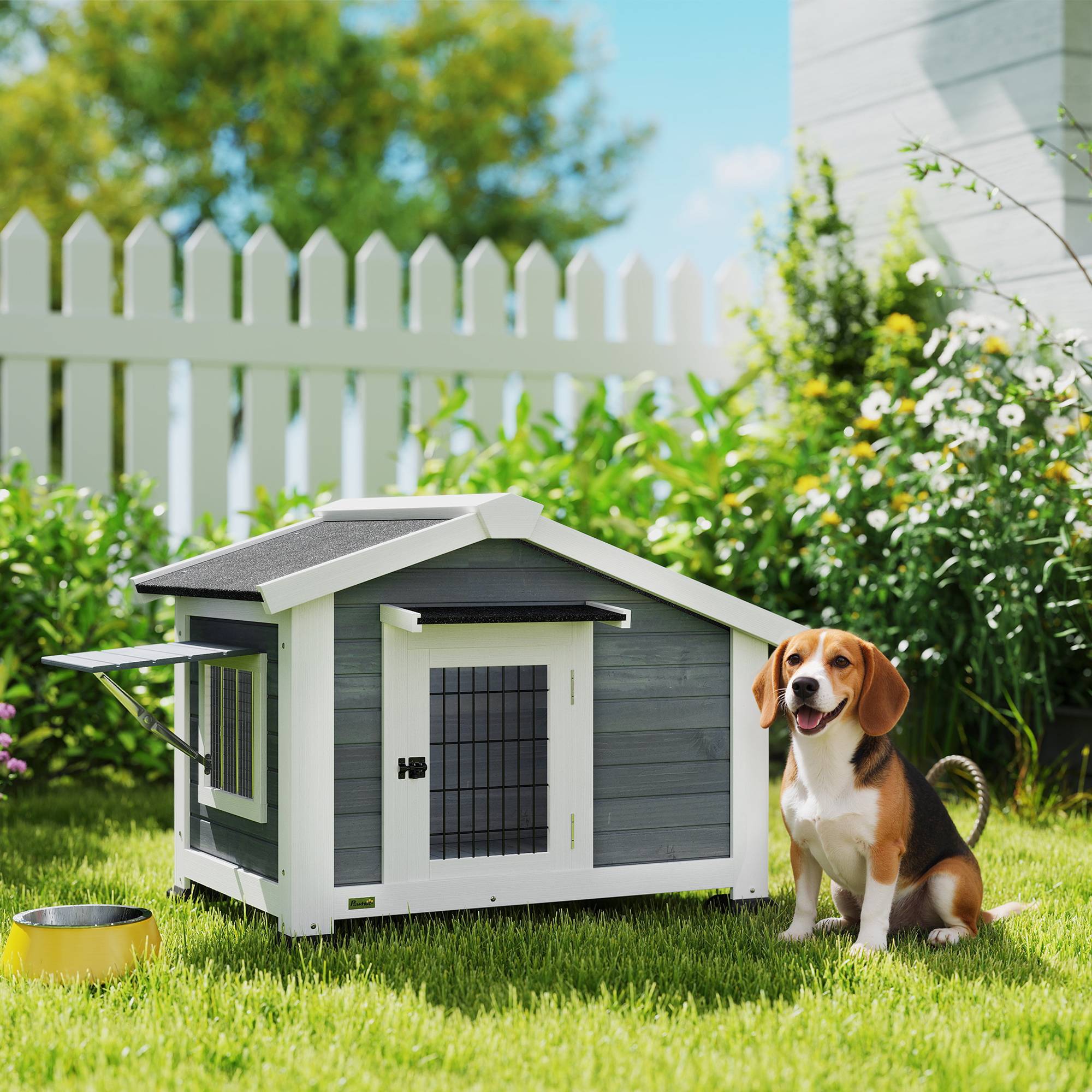 Sans Marque - Niche pour Chien Extérieur Abri Jardin Surélevé Plancher Amovible Auvent de Porte et Toit Imperméable 98x76x69,5cm Gris - Image 4