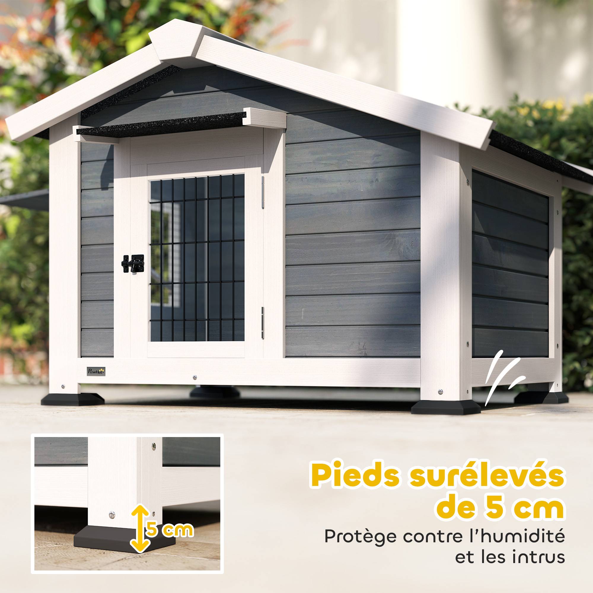 Sans Marque - Niche pour Chien Extérieur Abri Jardin Surélevé Plancher Amovible Auvent de Porte et Toit Imperméable 98x76x69,5cm Gris - Image 8