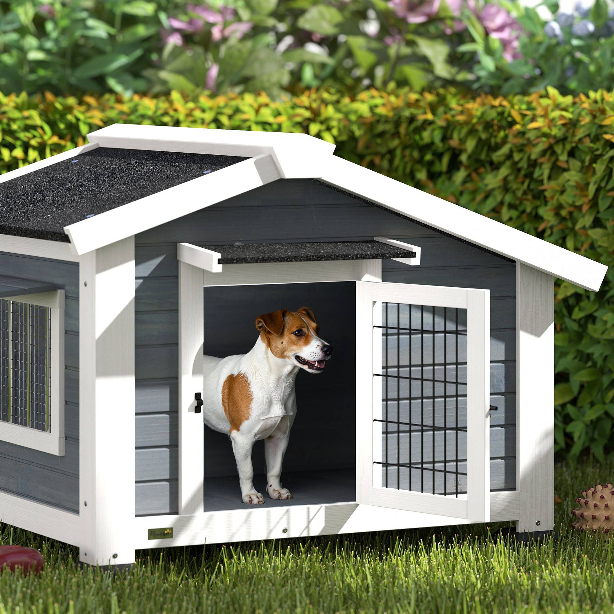 Sans Marque - Niche pour Chien Extérieur Abri Jardin Surélevé Plancher Amovible Auvent de Porte et Toit Imperméable 98x76x69,5cm Gris - Image 10