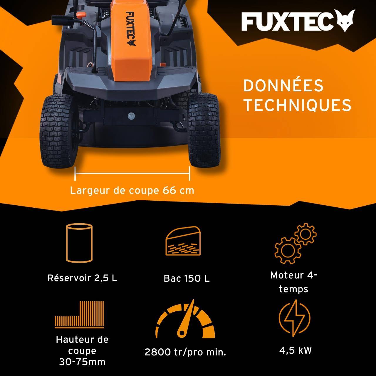 FUXTEC - Tondeuse autoportée thermique 6 CV largeur de coupe 66 cm bac 150 L FX-RMR66 - Fuxtec - Image 3
