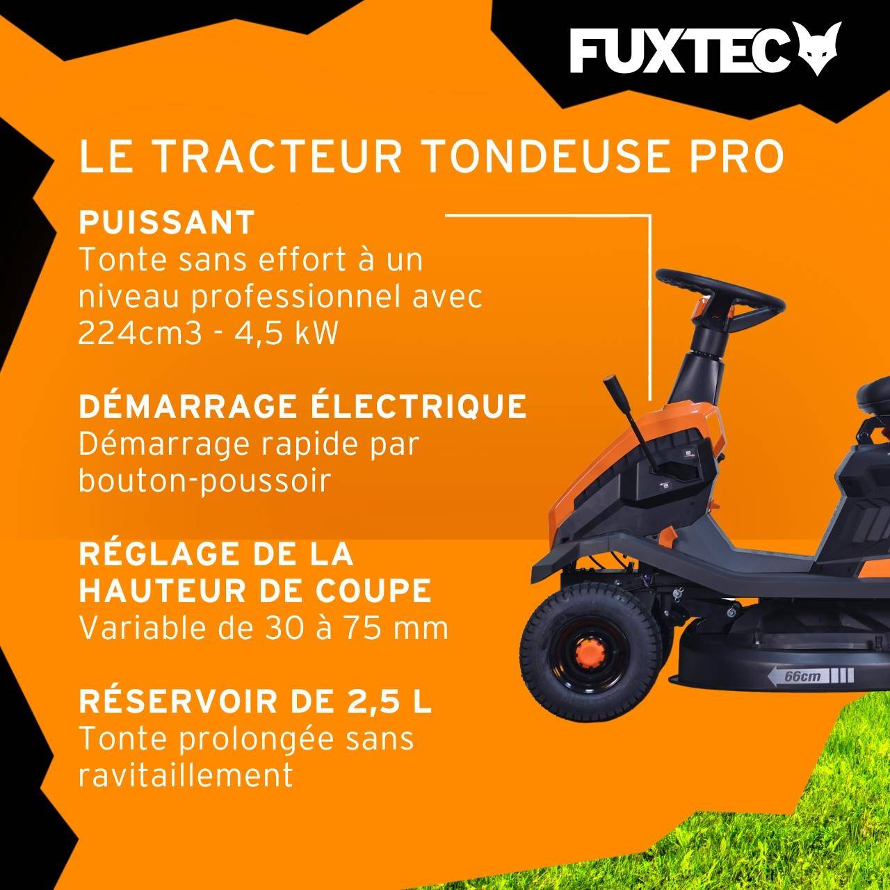FUXTEC - Tondeuse autoportée thermique 6 CV largeur de coupe 66 cm bac 150 L FX-RMR66 - Fuxtec - Image 5
