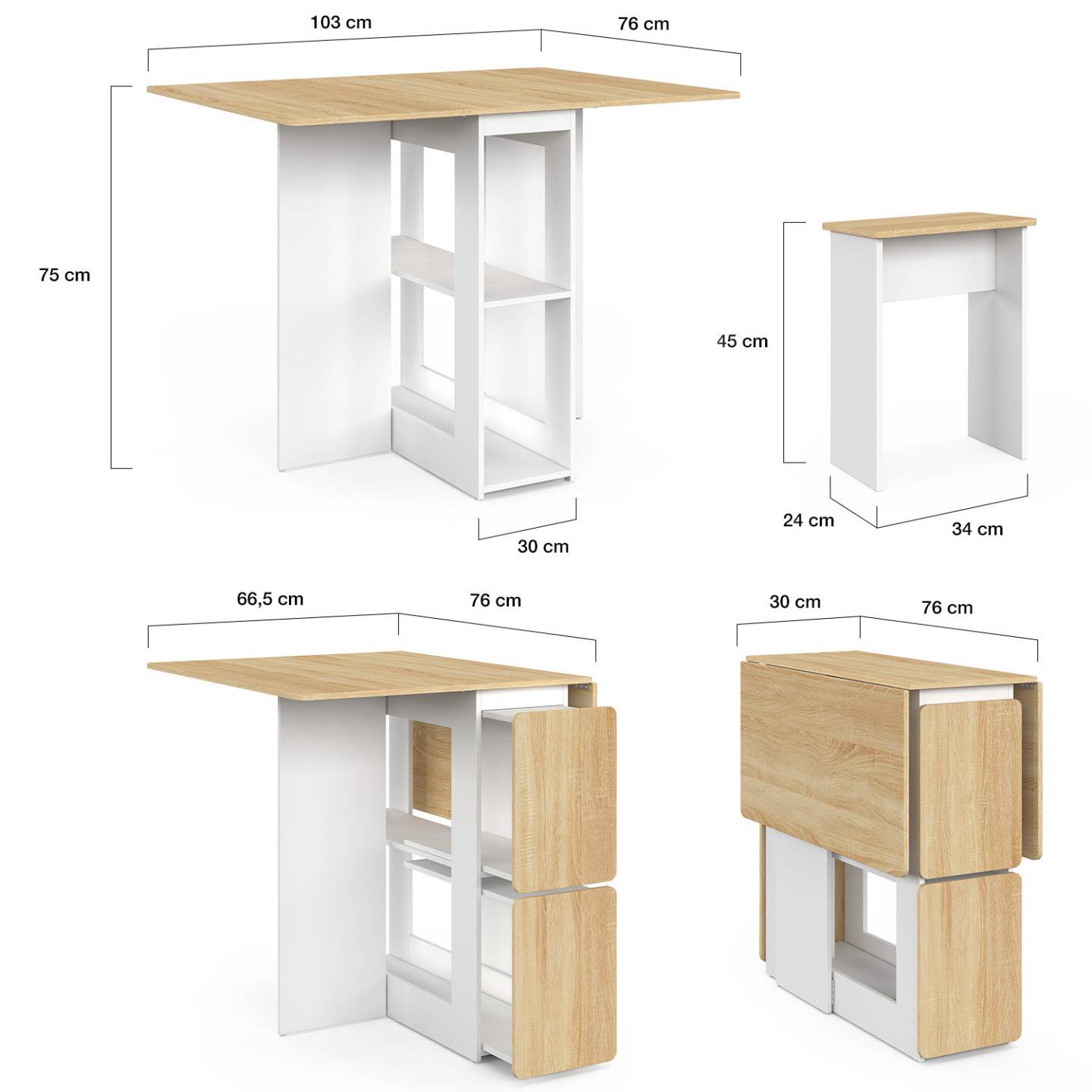 IDMARKET - Ensemble table console pliable EDI 2-4 personnes bois blanc et plateau façon hêtre avec 4 tabourets - Image 7