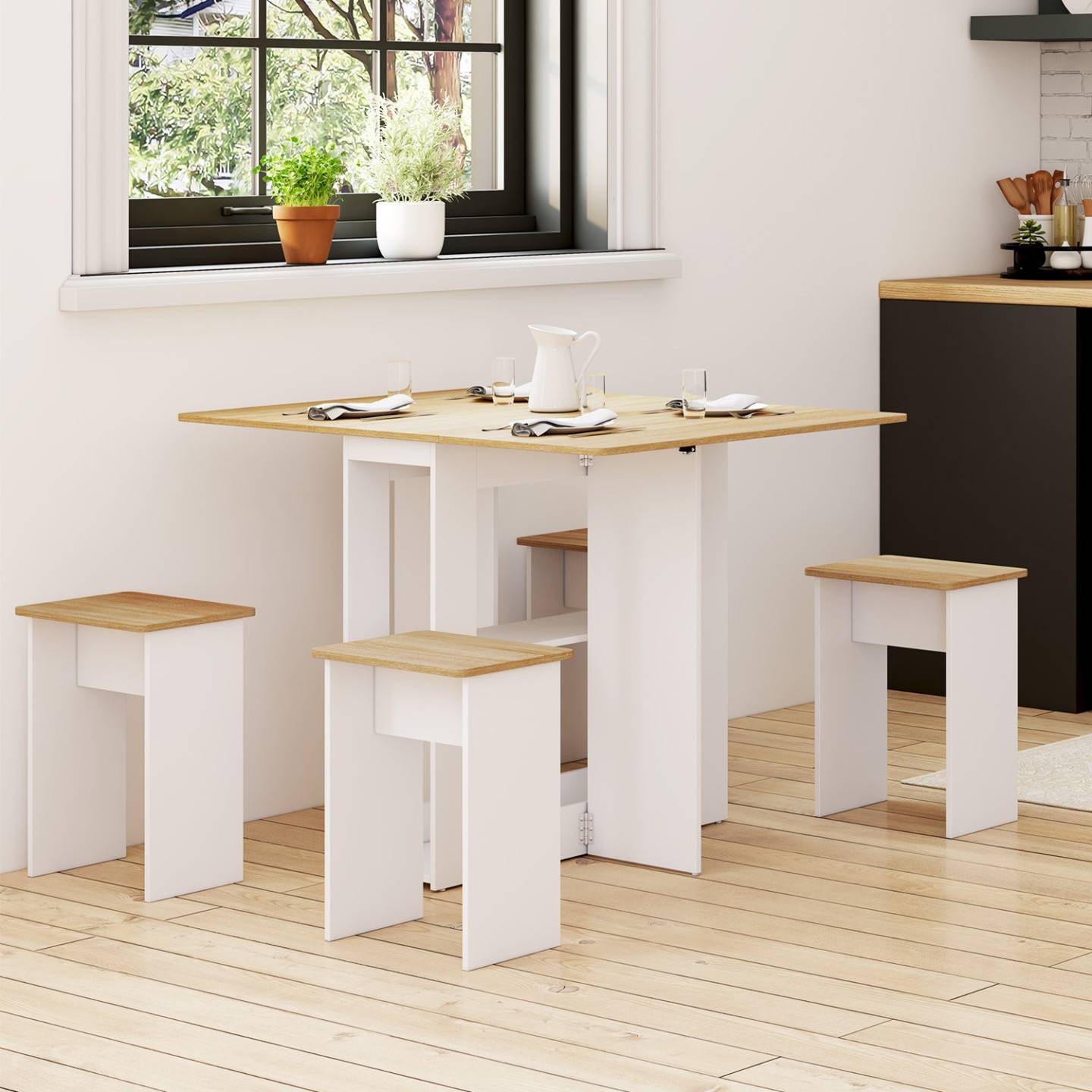 IDMARKET - Ensemble table console pliable EDI 2-4 personnes bois blanc et plateau façon hêtre avec 4 tabourets - Image 1
