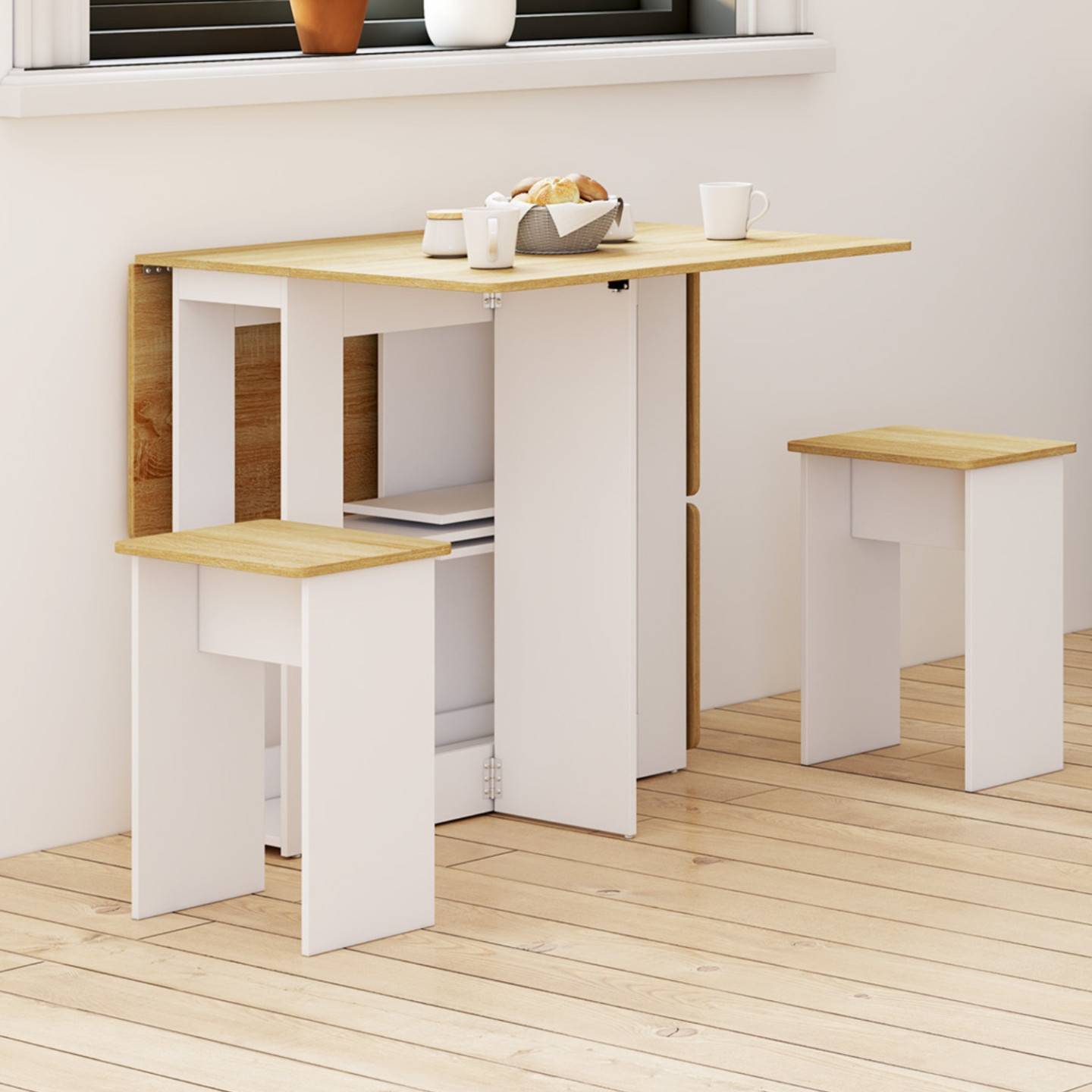 IDMARKET - Ensemble table console pliable EDI 2-4 personnes bois blanc et plateau façon hêtre avec 4 tabourets - Image 5
