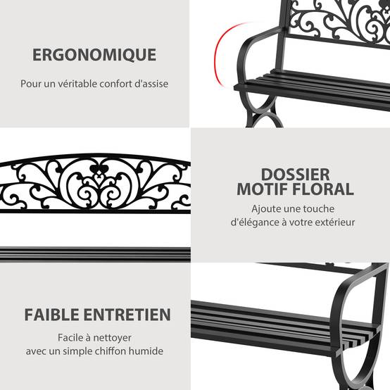 Banc 3 places en acier fonte pour terrasse, dimensions 127 x 60 x 85 cm, charge maximale 240 Kg - Image 7