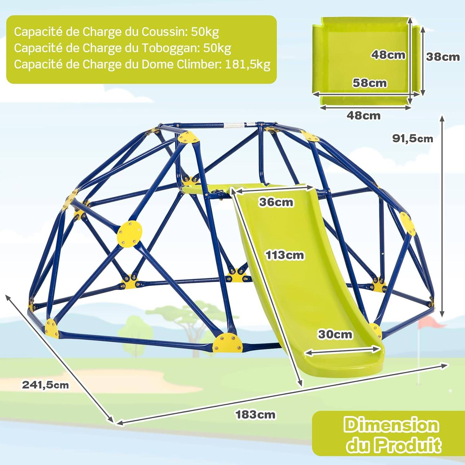Costway - Dôme d'escalade Enfants avec Toboggan, Cage d'escalade avec Coussin en Tissu, Charge 180kg, Aire de Jeux Extérieure et Intérieure, Jaune - Image 3