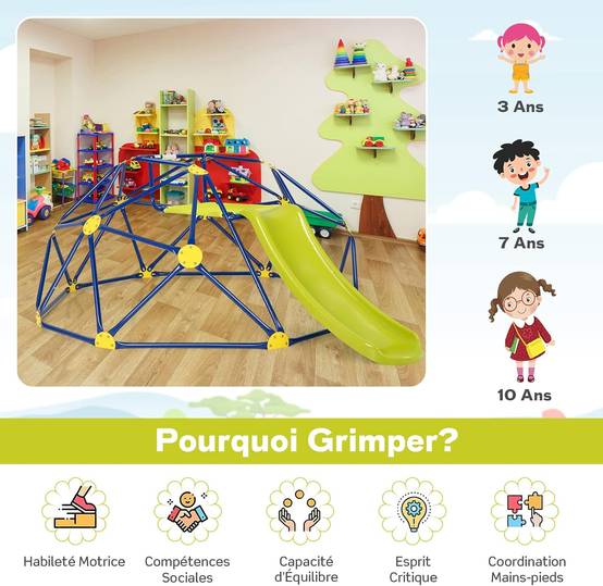 Costway - Dôme d'escalade Enfants avec Toboggan, Cage d'escalade avec Coussin en Tissu, Charge 180kg, Aire de Jeux Extérieure et Intérieure, Jaune - Image 5