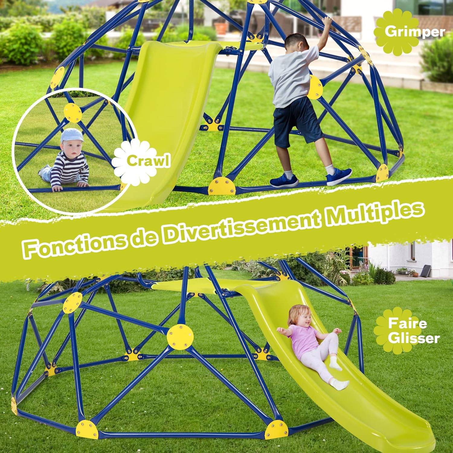 Costway - Dôme d'escalade Enfants avec Toboggan, Cage d'escalade avec Coussin en Tissu, Charge 180kg, Aire de Jeux Extérieure et Intérieure, Jaune - Image 2