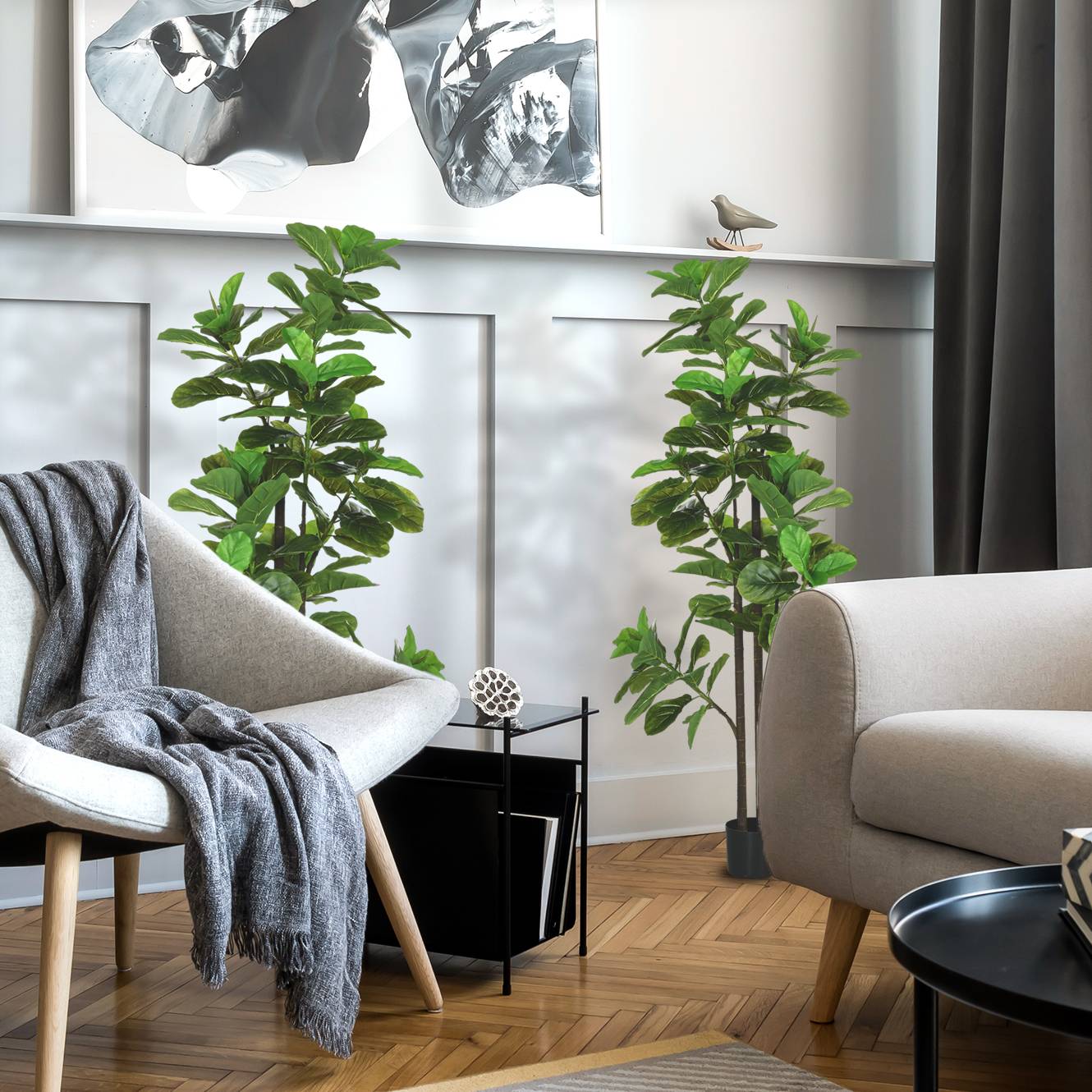 Lot de 2 plantes artificielles Figuier à feuilles de violon Ficus Lyrata hauteur 180cm avec Pot - Image 3