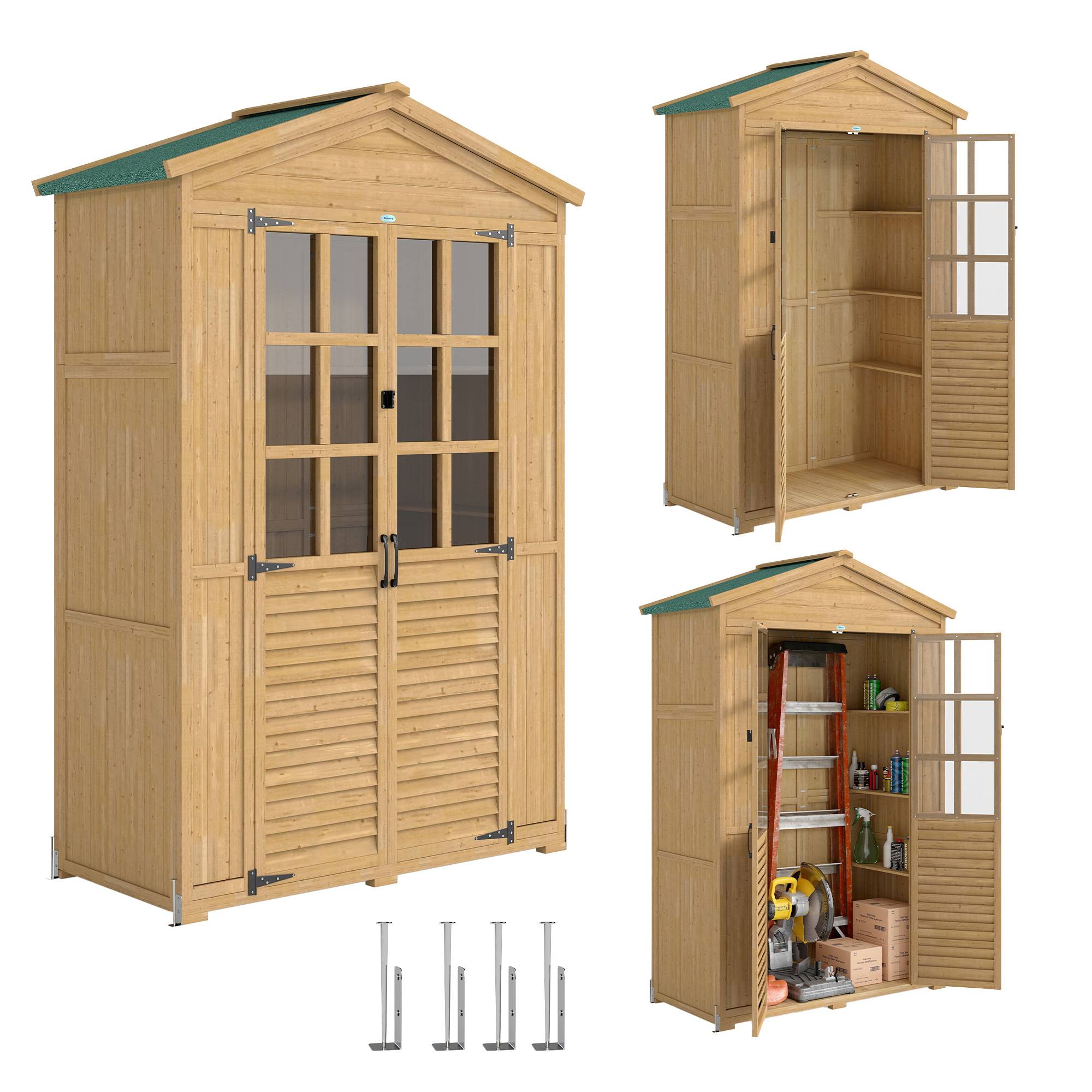 Abri de jardin Armoire de jardin pour outils avec Étagères et Fenêtres en Acrylique, 128 x 57,5 x 197 cm marron clair - Image 1