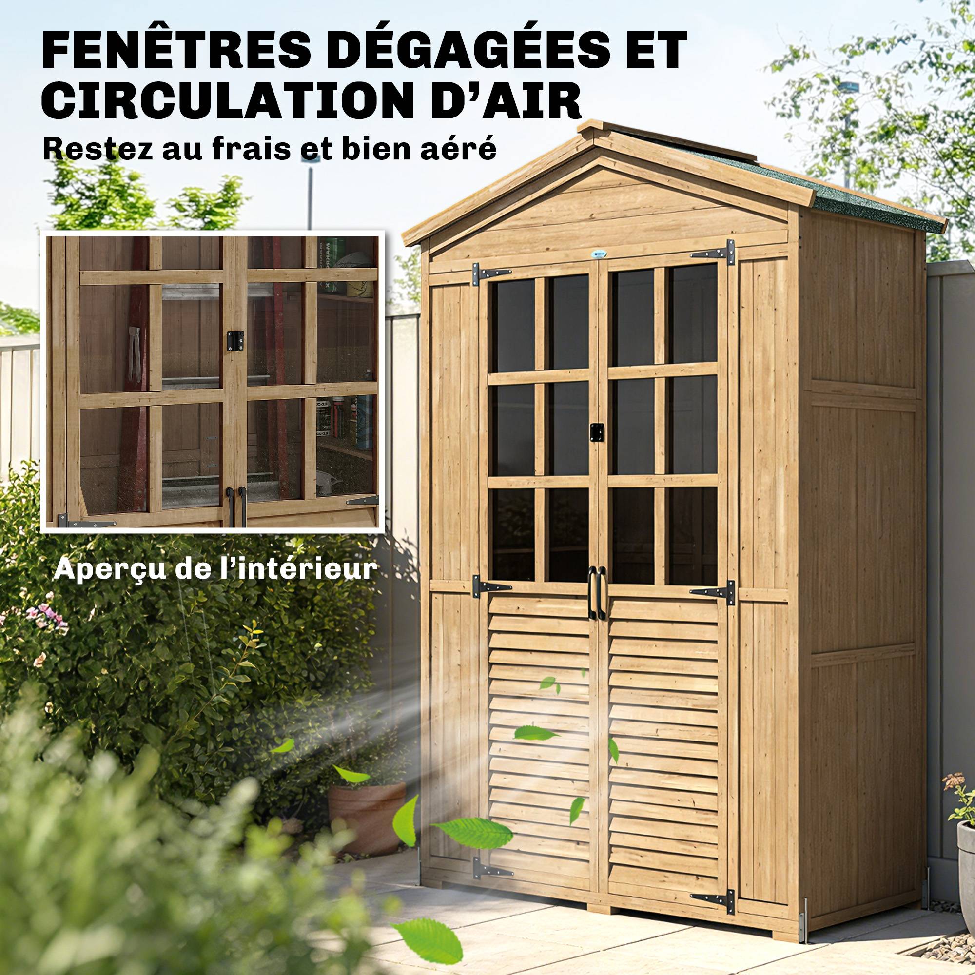 Abri de jardin Armoire de jardin pour outils avec Étagères et Fenêtres en Acrylique, 128 x 57,5 x 197 cm marron clair - Image 6