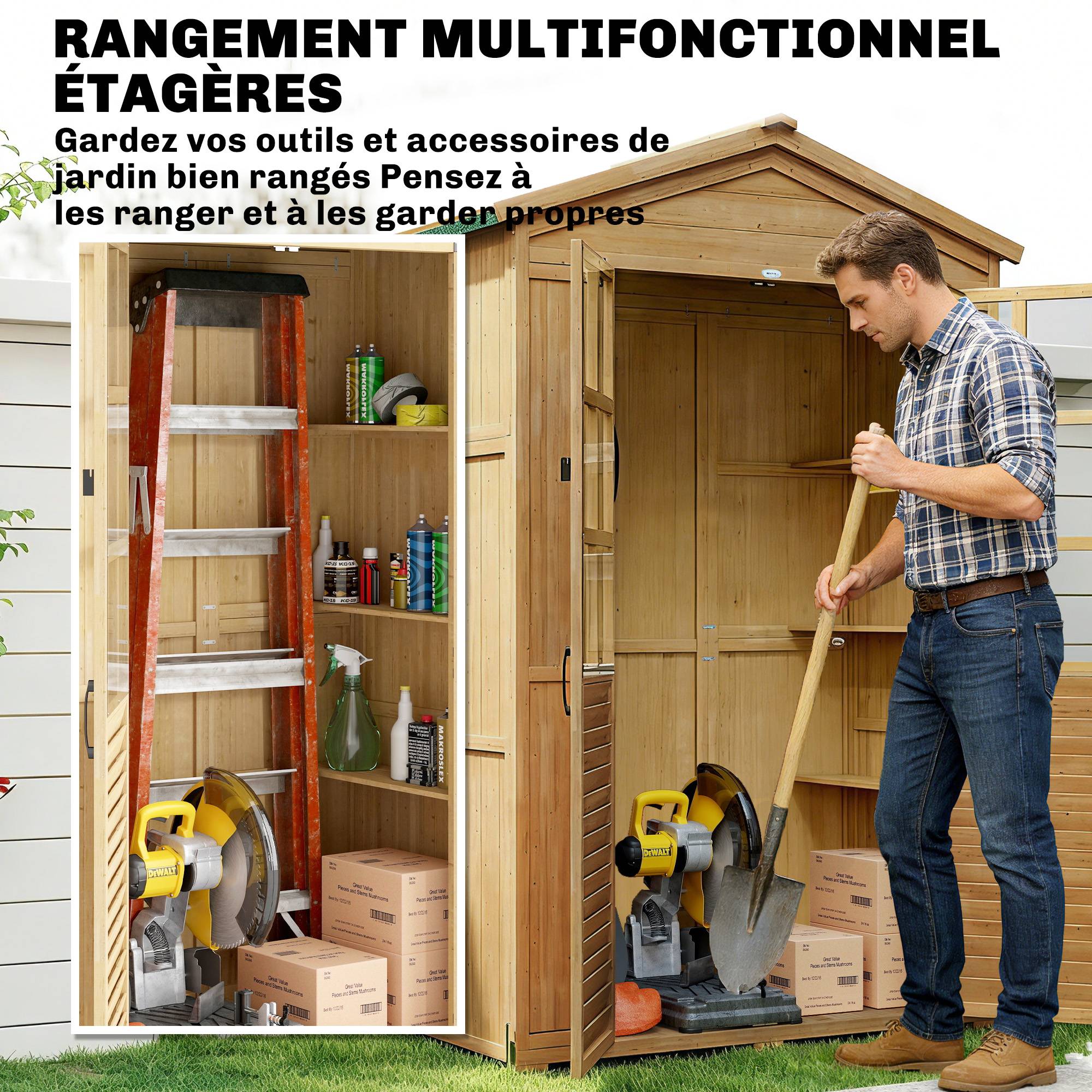 Abri de jardin Armoire de jardin pour outils avec Étagères et Fenêtres en Acrylique, 128 x 57,5 x 197 cm marron clair - Image 7