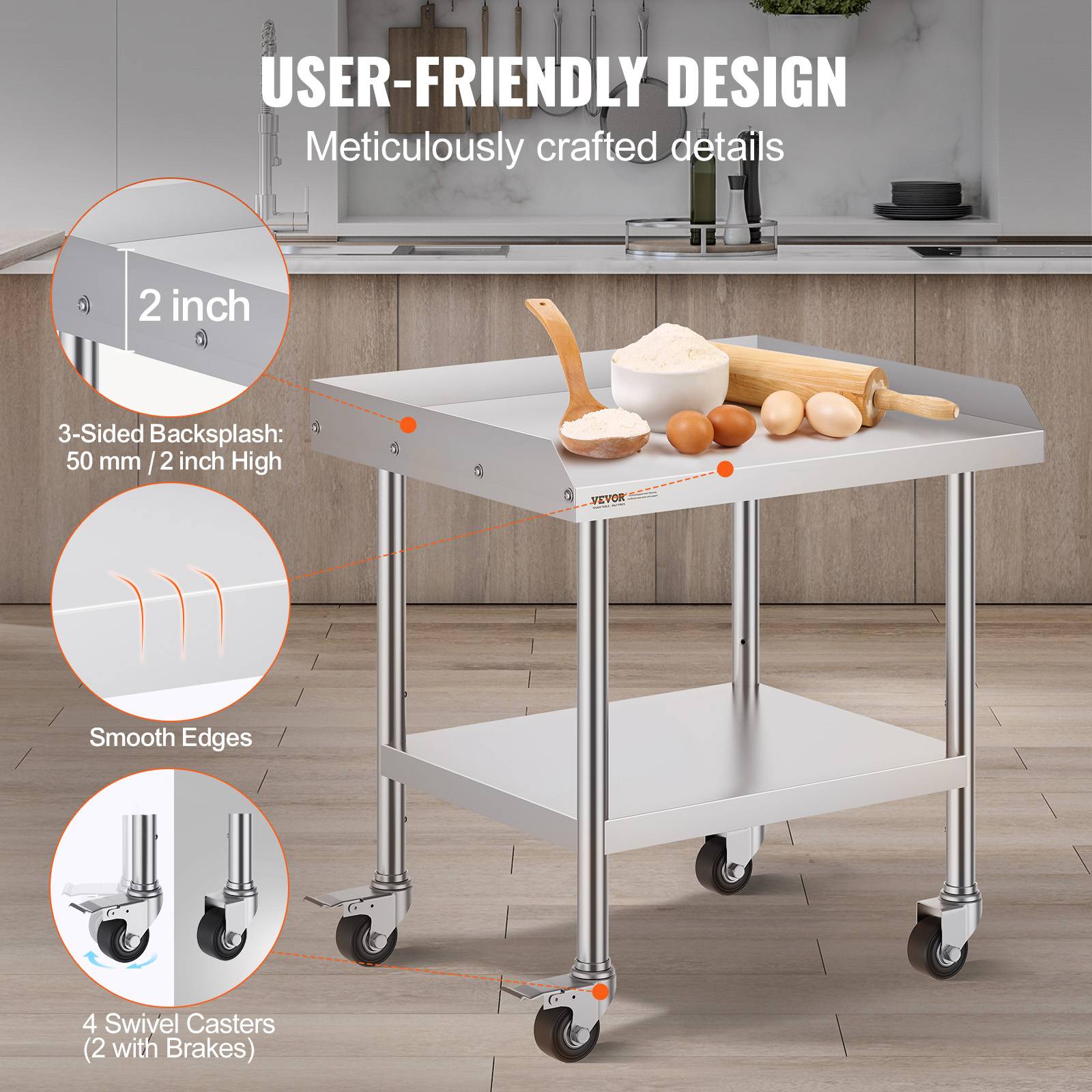 Vevor - VEVOR Table préparation métal 24"x28"x30", 4 roulettes, protection 3 côtés inox. Pour restaurants, hôtels. - Image 4