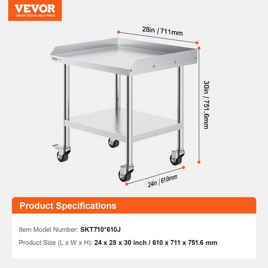 Vevor - VEVOR Table préparation métal 24"x28"x30", 4 roulettes, protection 3 côtés inox. Pour restaurants, hôtels. - Image 7