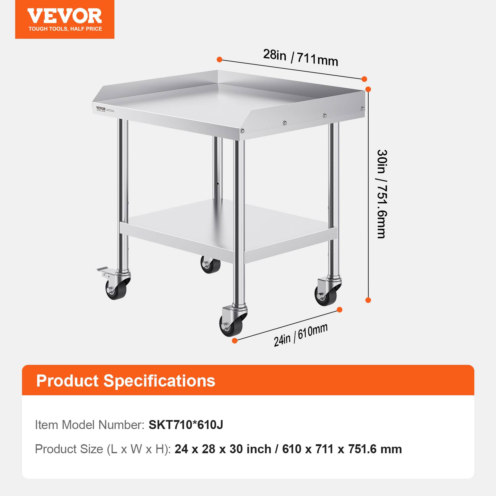 Vevor - VEVOR Table préparation métal 24"x28"x30", 4 roulettes, protection 3 côtés inox. Pour restaurants, hôtels. - Image 7