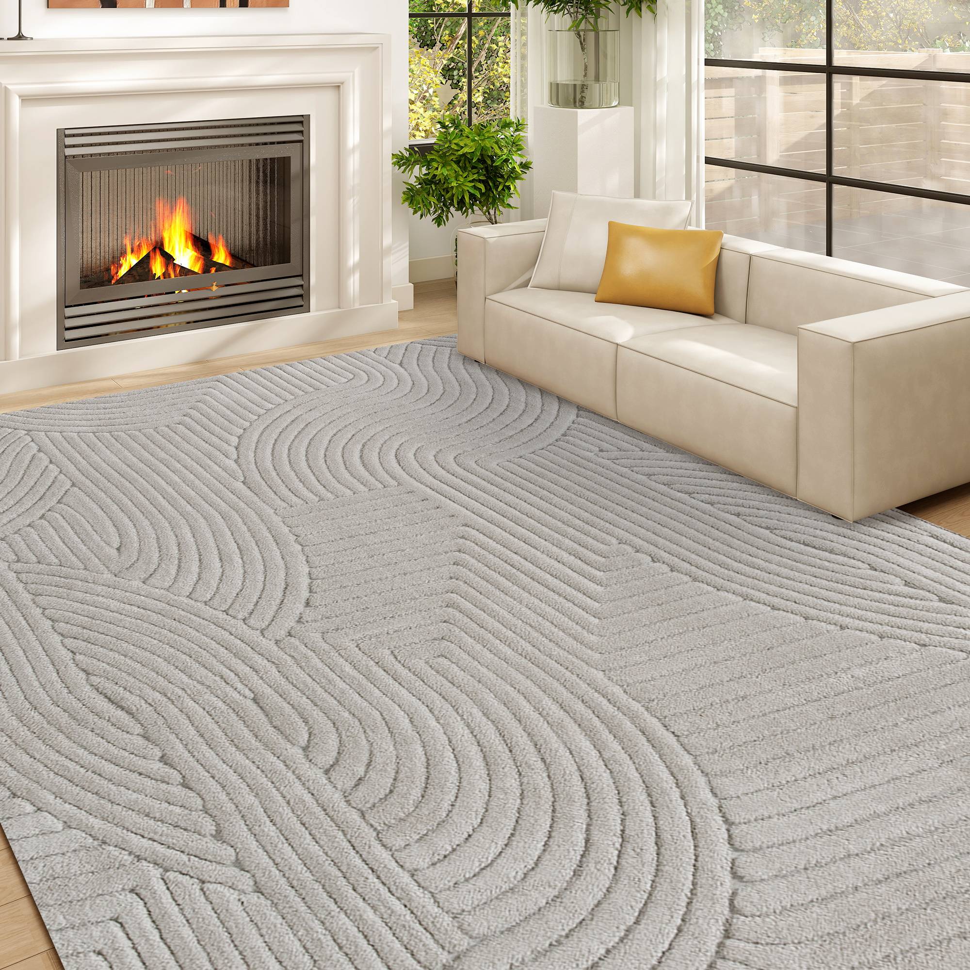 Sans Marque - Tapis salon 160x120 cm poils épais géométrique moelleux antidérapant gris - Image 3