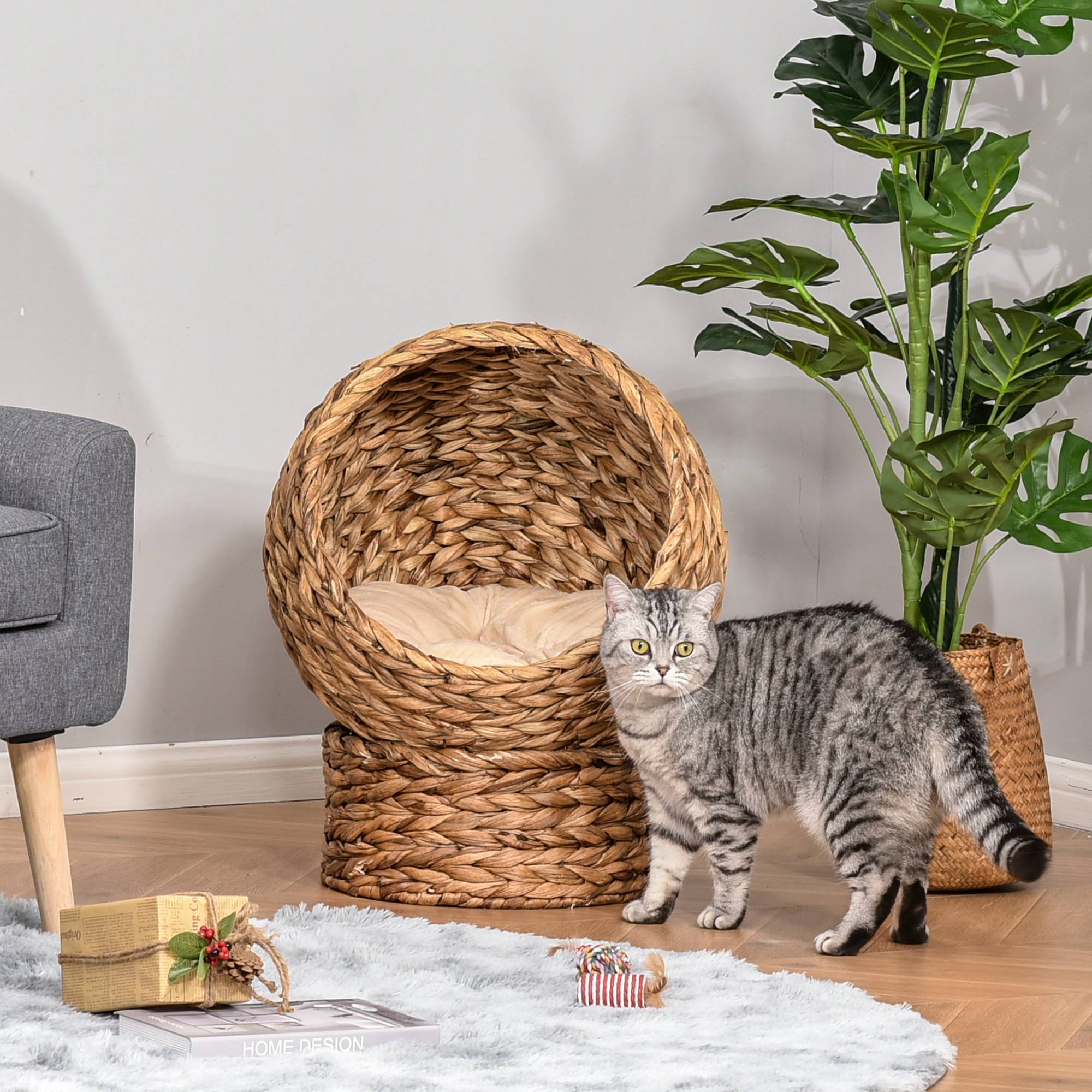 Panier chat rotin niche maison coussin lit animal jacinthe d'eau brun 50x42x60 cm - Image 4