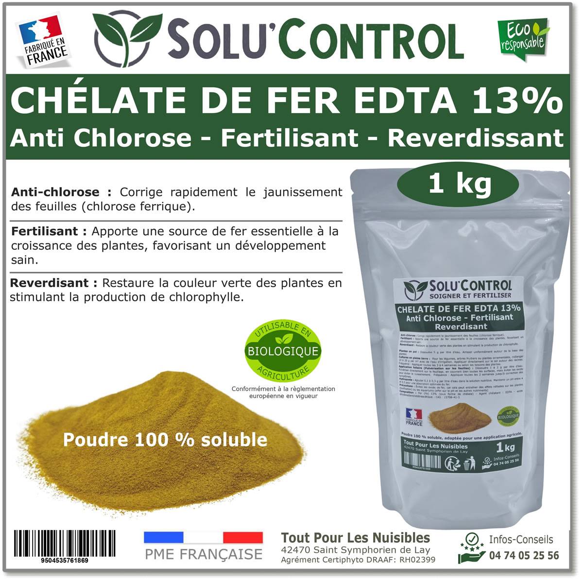 SOLU'CONTROL - Chélate de Fer EDTA 13%, Anti-chlorose, Fertilisant, Reverdissant-1 kg - Image 1