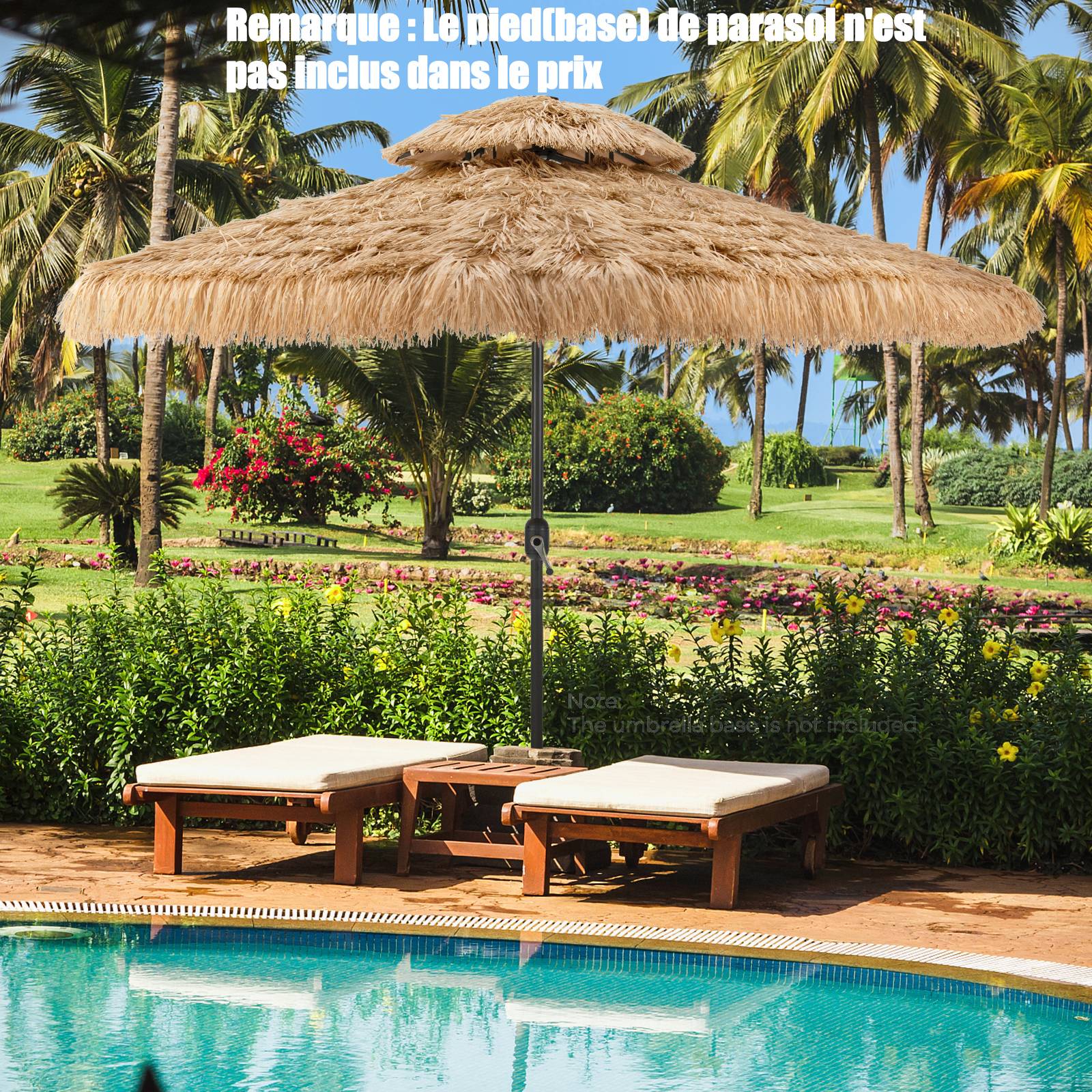 Costway - Parasol Paille de Jardin Exterieur Φ 292 CM, Parasol Exotique Paille avec 12 Couches de Paille PE et Lumières LED Solaire,Inclinable, Naturel - Image 3