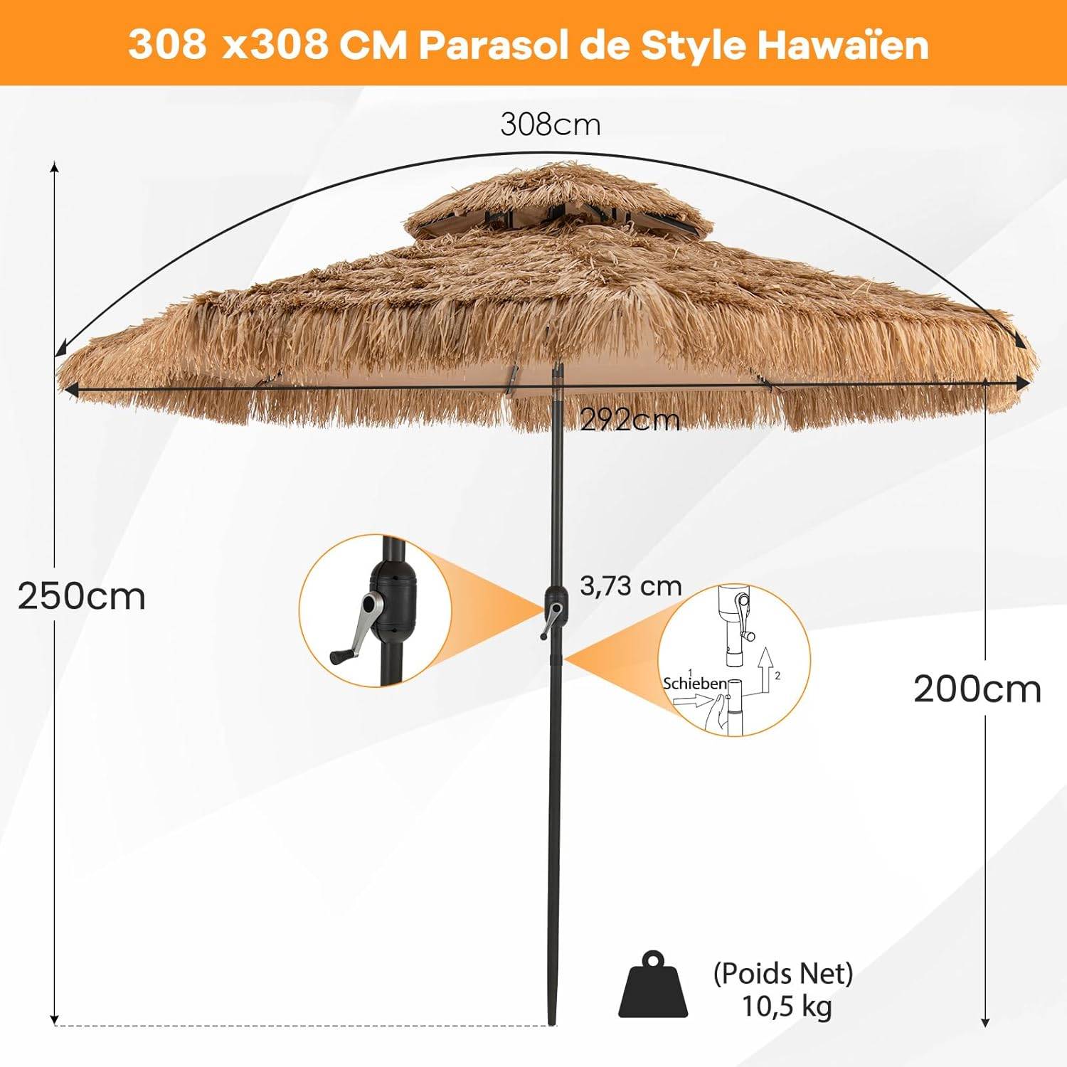 Costway - Parasol Paille de Jardin Exterieur Φ 292 CM, Parasol Exotique Paille avec 12 Couches de Paille PE et Lumières LED Solaire,Inclinable, Naturel - Image 9