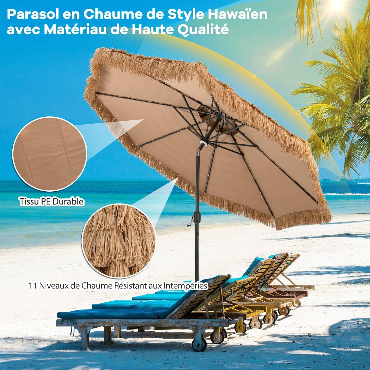 Costway - Parasol Paille de Jardin Exterieur Φ 292 CM, Parasol Exotique Paille avec 12 Couches de Paille PE et Lumières LED Solaire,Inclinable, Naturel - Image 8