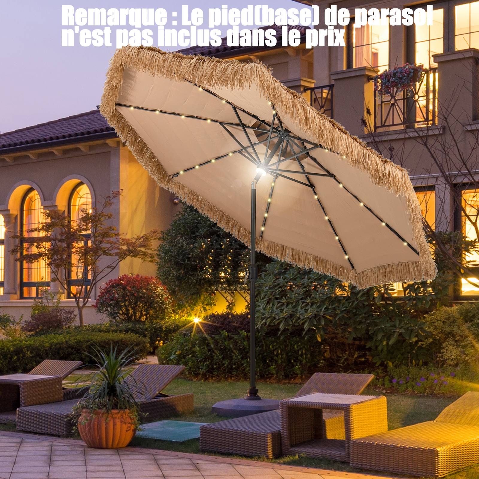 Costway - Parasol Paille de Jardin Exterieur Φ 292 CM, Parasol Exotique Paille avec 12 Couches de Paille PE et Lumières LED Solaire,Inclinable, Naturel - Image 4