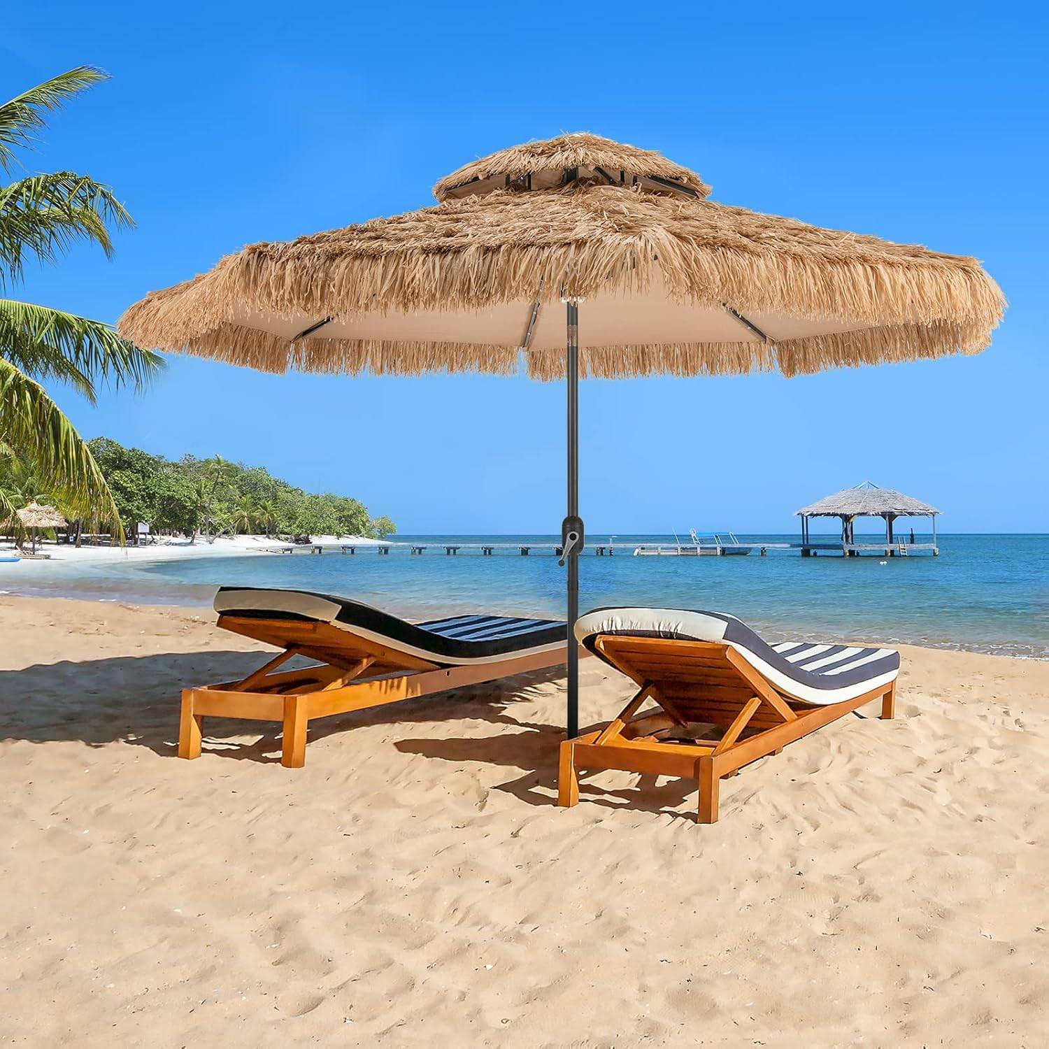 Costway - Parasol Paille de Jardin Exterieur Φ 292 CM, Parasol Exotique Paille avec 12 Couches de Paille PE et Lumières LED Solaire,Inclinable, Naturel - Image 2