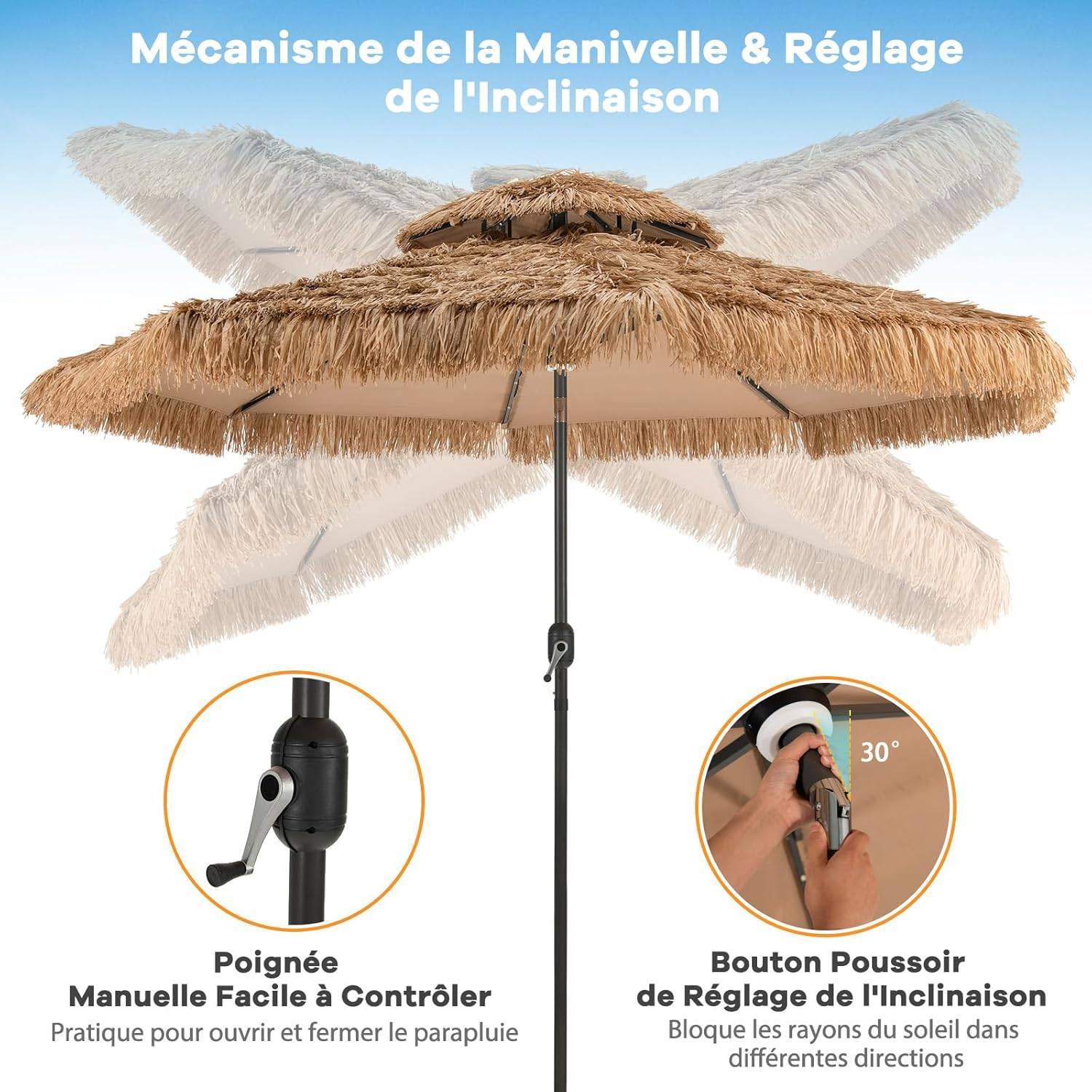 Costway - Parasol Paille de Jardin Exterieur Φ 292 CM, Parasol Exotique Paille avec 12 Couches de Paille PE et Lumières LED Solaire,Inclinable, Naturel - Image 7