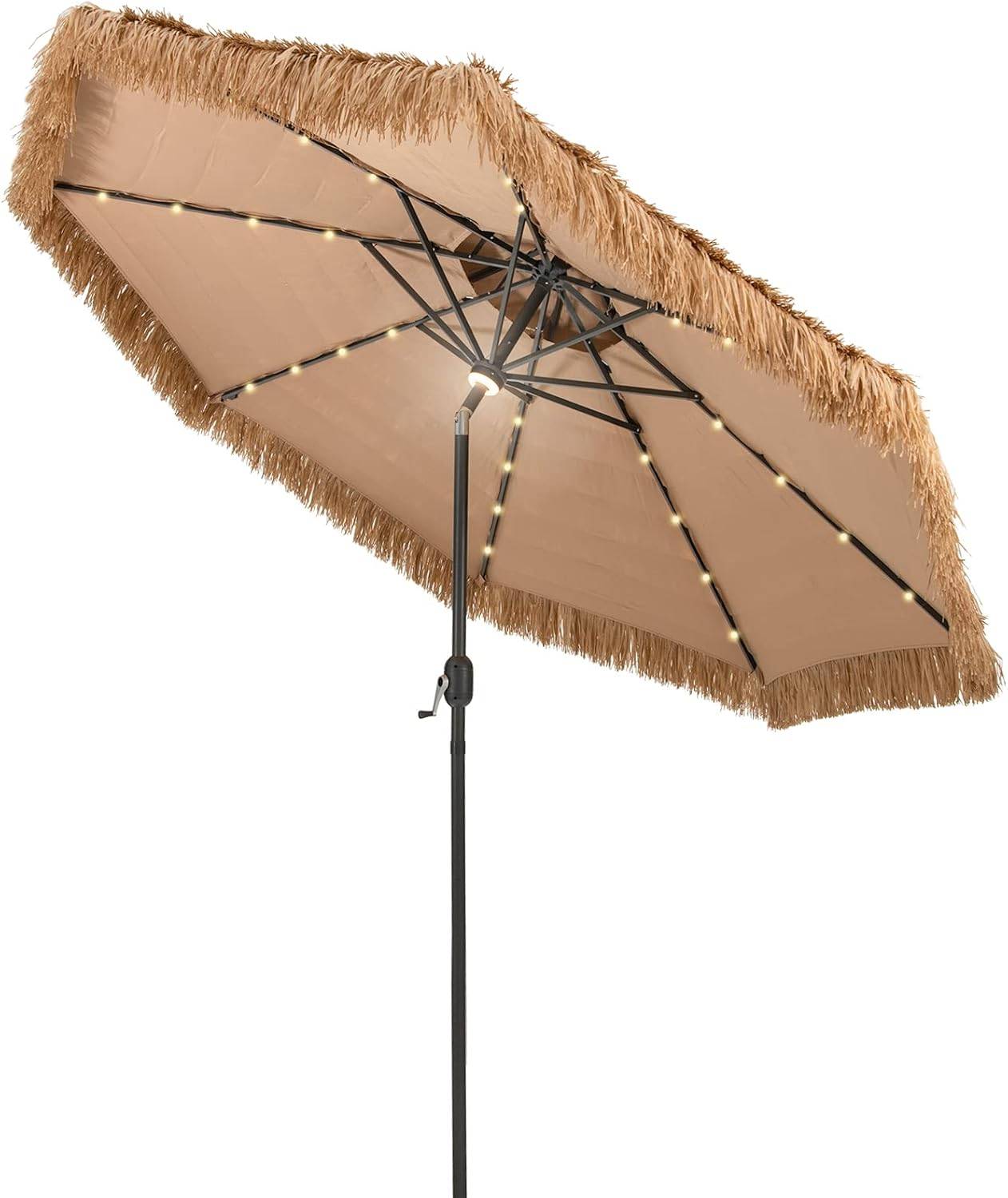 Costway - Parasol Paille de Jardin Exterieur Φ 292 CM, Parasol Exotique Paille avec 12 Couches de Paille PE et Lumières LED Solaire,Inclinable, Naturel - Image 1