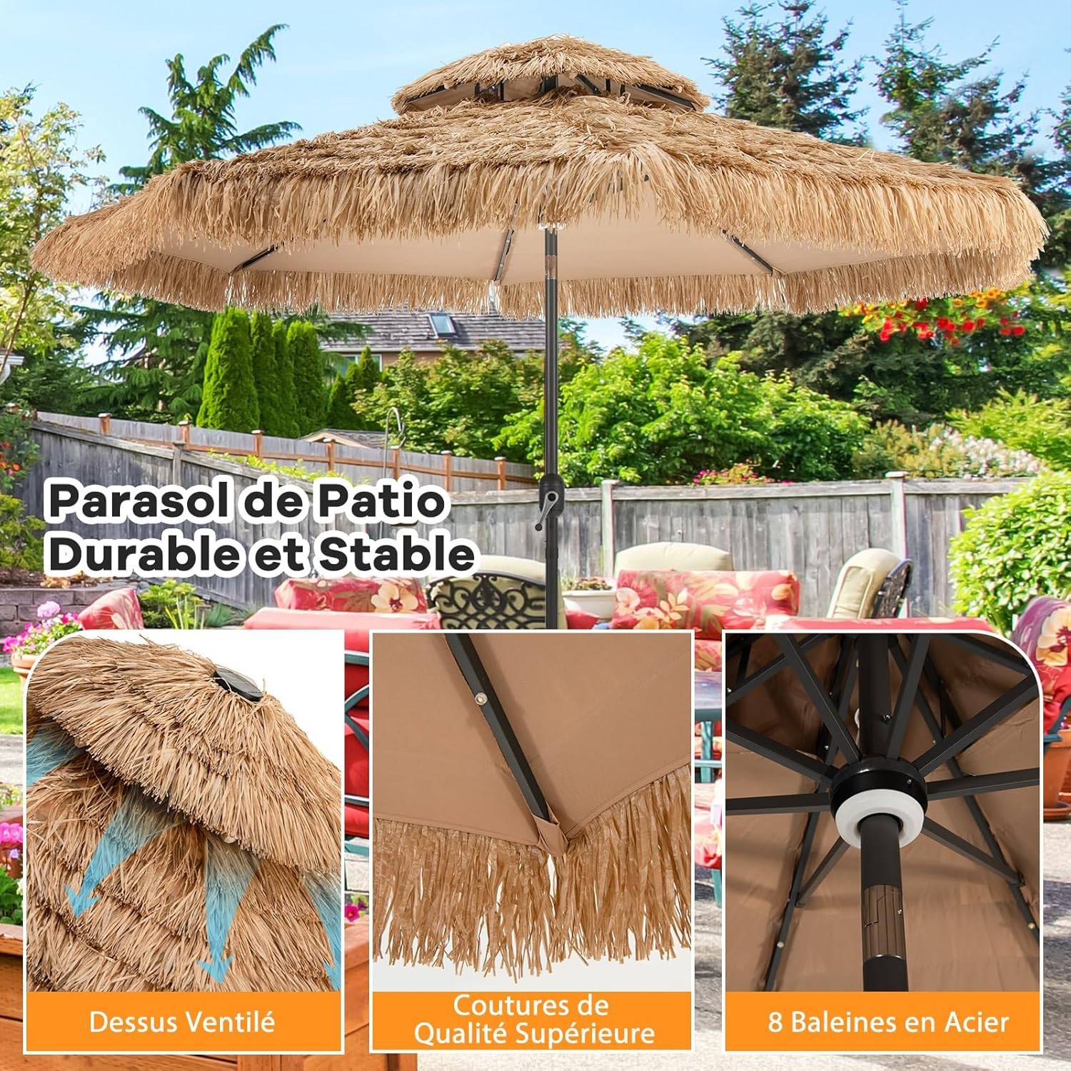 Costway - Parasol Paille de Jardin Exterieur Φ 292 CM, Parasol Exotique Paille avec 12 Couches de Paille PE et Lumières LED Solaire,Inclinable, Naturel - Image 5