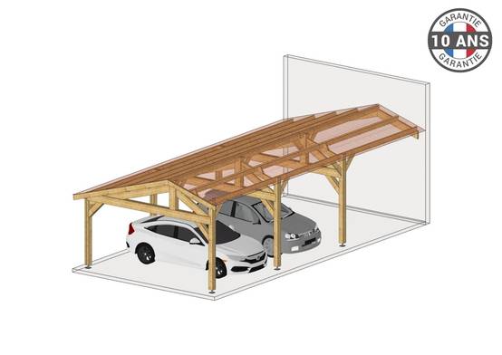 Cpbf Charpentes - Carport Bois Douglas Français 30 m² – 2 pentes faitage décalé adossé – 4 poteaux – Abri voiture extérieur – Garantie 10 ans - Image 1