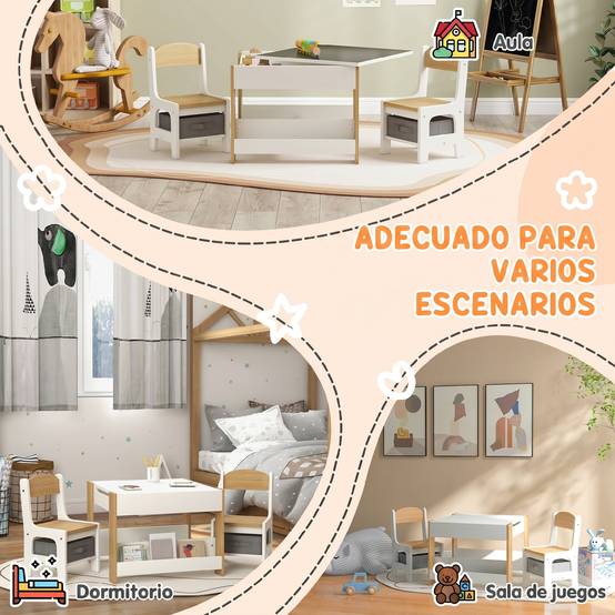 Ensemble table et chaises 3 en 1 pour enfants avec tableau noir, tiroirs en tissu et espace de rangement, blanc et naturel - Image 9