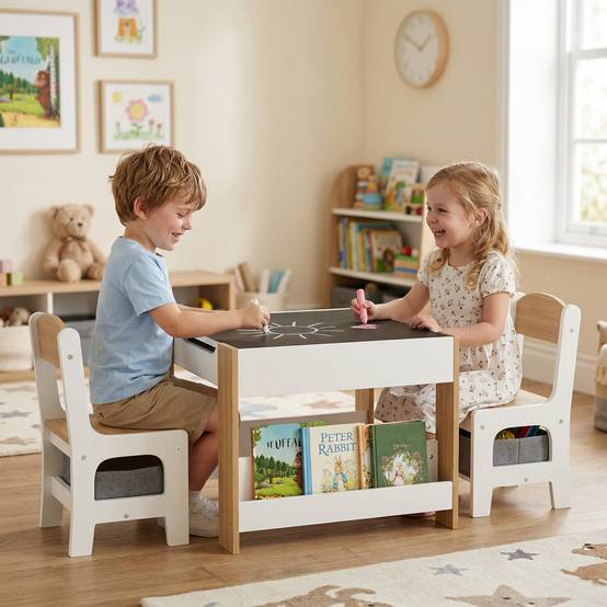 Ensemble table et chaises 3 en 1 pour enfants avec tableau noir, tiroirs en tissu et espace de rangement, blanc et naturel - Image 4