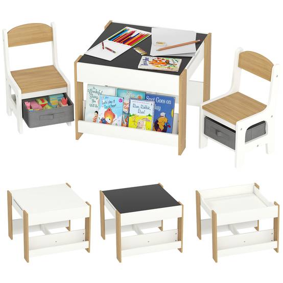 Ensemble table et chaises 3 en 1 pour enfants avec tableau noir, tiroirs en tissu et espace de rangement, blanc et naturel - Image 1