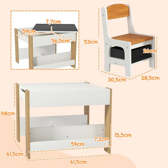Ensemble table et chaises 3 en 1 pour enfants avec tableau noir, tiroirs en tissu et espace de rangement, blanc et naturel - Image 5