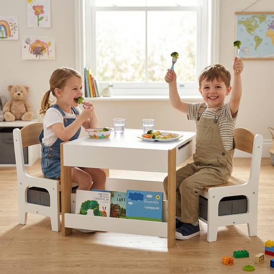 Ensemble table et chaises 3 en 1 pour enfants avec tableau noir, tiroirs en tissu et espace de rangement, blanc et naturel - Image 3