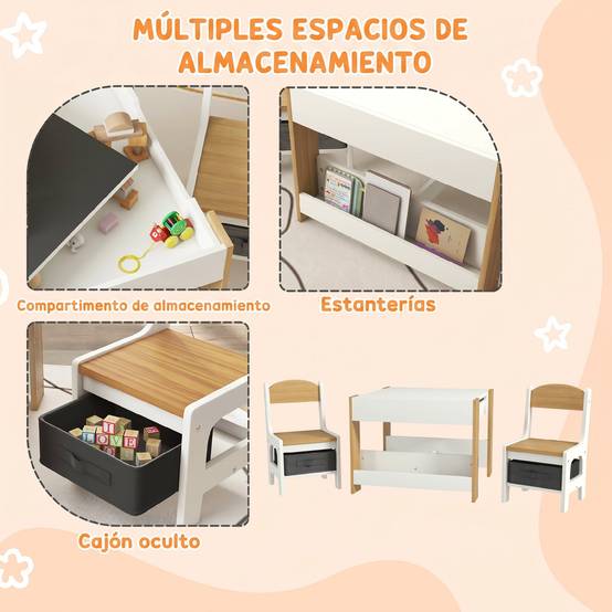 Ensemble table et chaises 3 en 1 pour enfants avec tableau noir, tiroirs en tissu et espace de rangement, blanc et naturel - Image 8