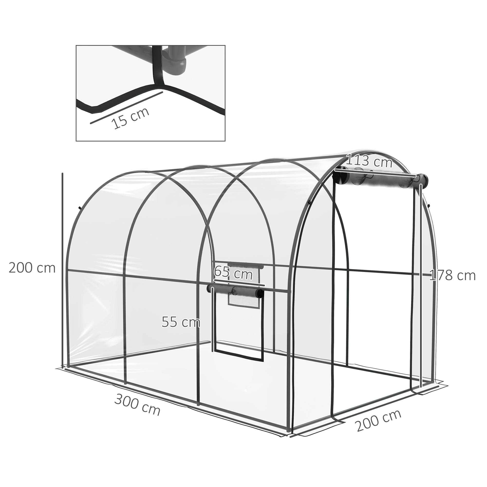 Serre de Jardin Tunnel 6 m² 3L x 2l x 2H m châssis Tubulaire renforcé Porte zippée 2 fenêtres enroulables - transparent - Image 5