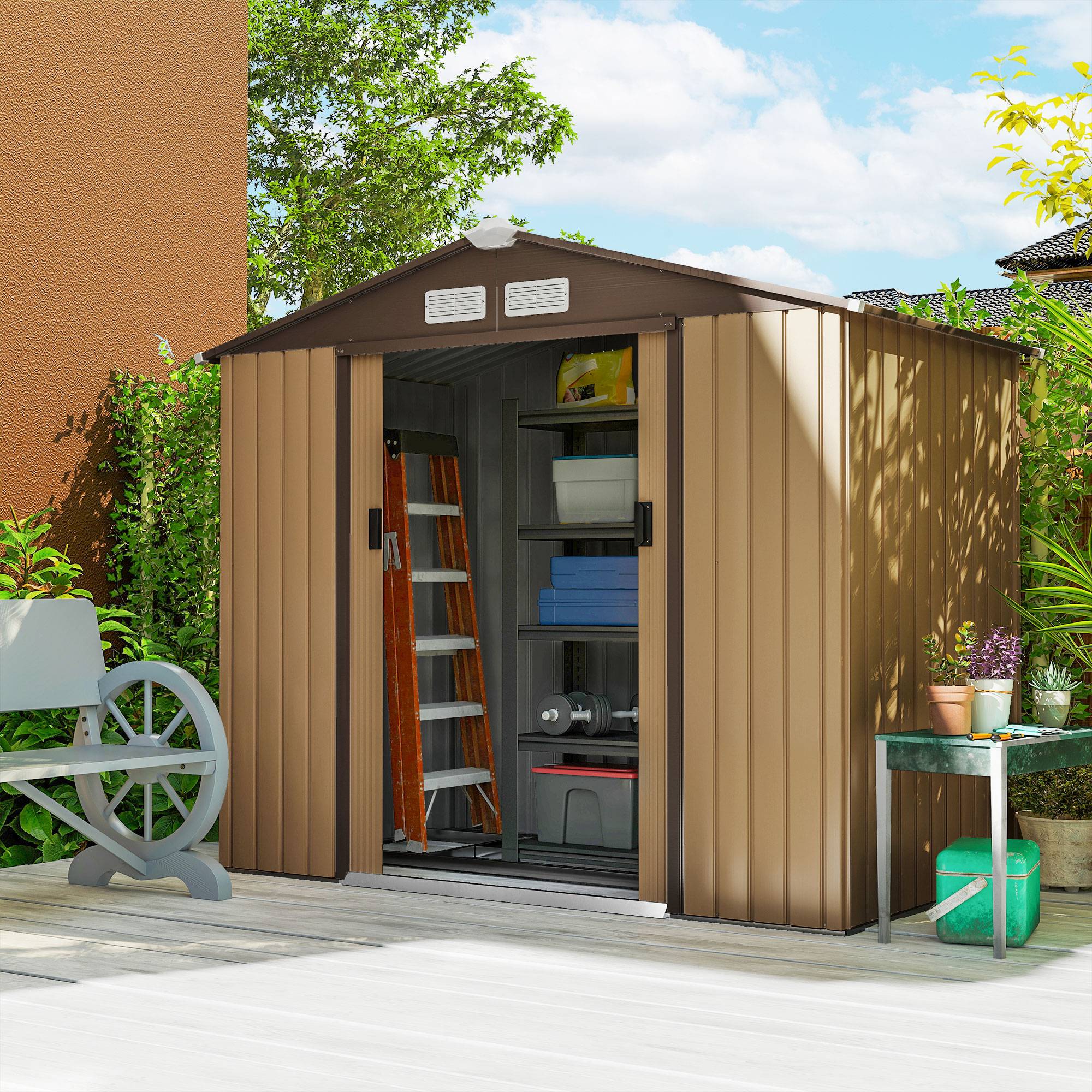 Abri de jardin 2,5 m² - remise pour outils avec kit de fondation - cabanon porte verrouillable - tôle d'acier ocre - Image 10