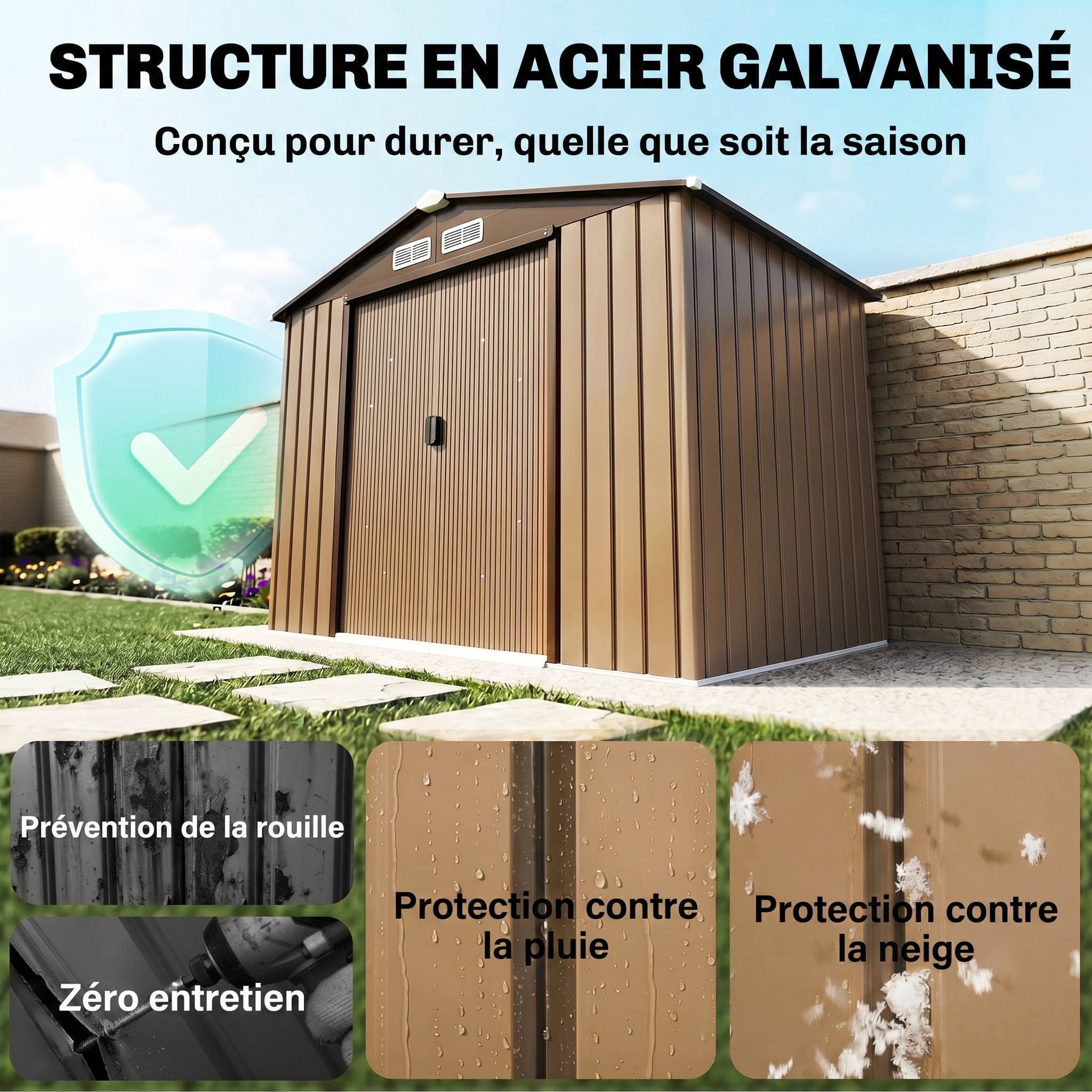 Abri de jardin 2,5 m² - remise pour outils avec kit de fondation - cabanon porte verrouillable - tôle d'acier ocre - Image 6