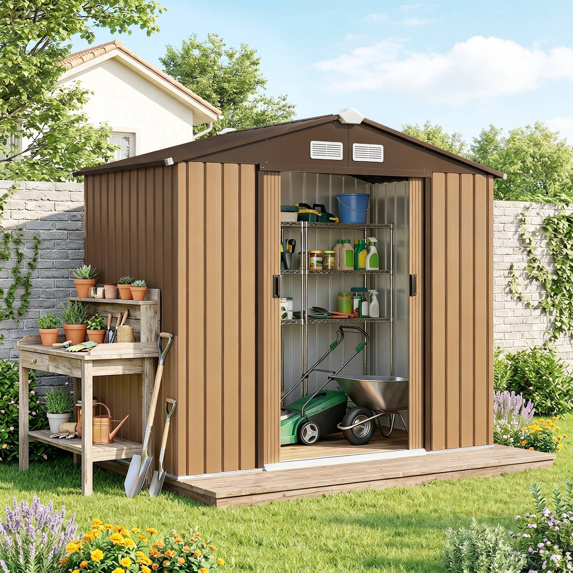 Abri de jardin 2,5 m² - remise pour outils avec kit de fondation - cabanon porte verrouillable - tôle d'acier ocre - Image 4