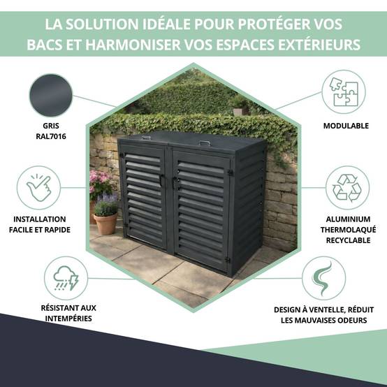 Cache Poubelle Extérieur Double en Aluminium thermolaqué - Abri pour 2 conteneurs 240 Litres – Gris Anthracite RAL 7016 - Image 2
