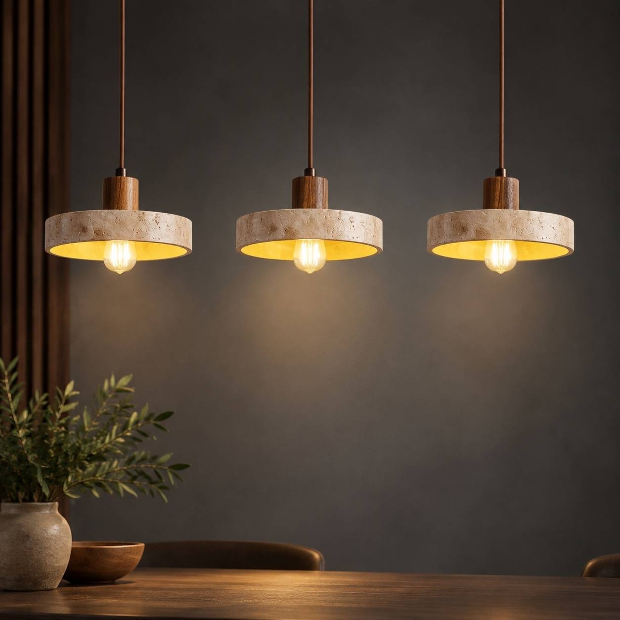 Suspension Rétro en Pierre Jaune et Bois Cuivre Réglable pour Îlot de Cuisine - Image 8