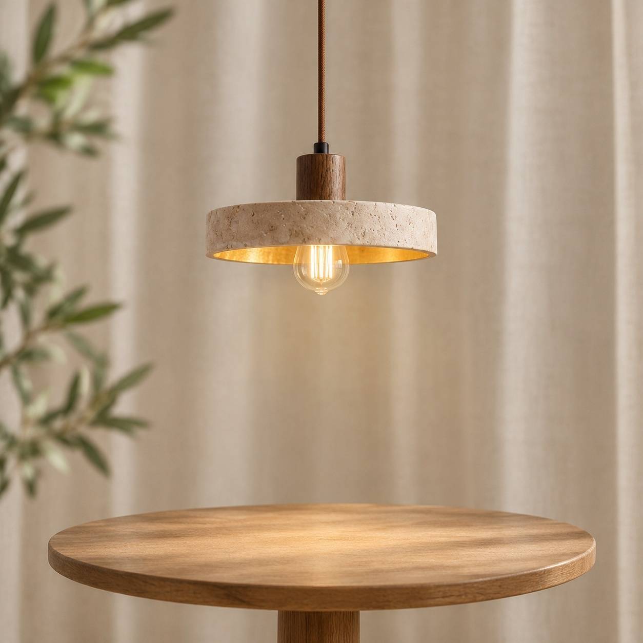 Suspension Rétro en Pierre Jaune et Bois Cuivre Réglable pour Îlot de Cuisine - Image 4