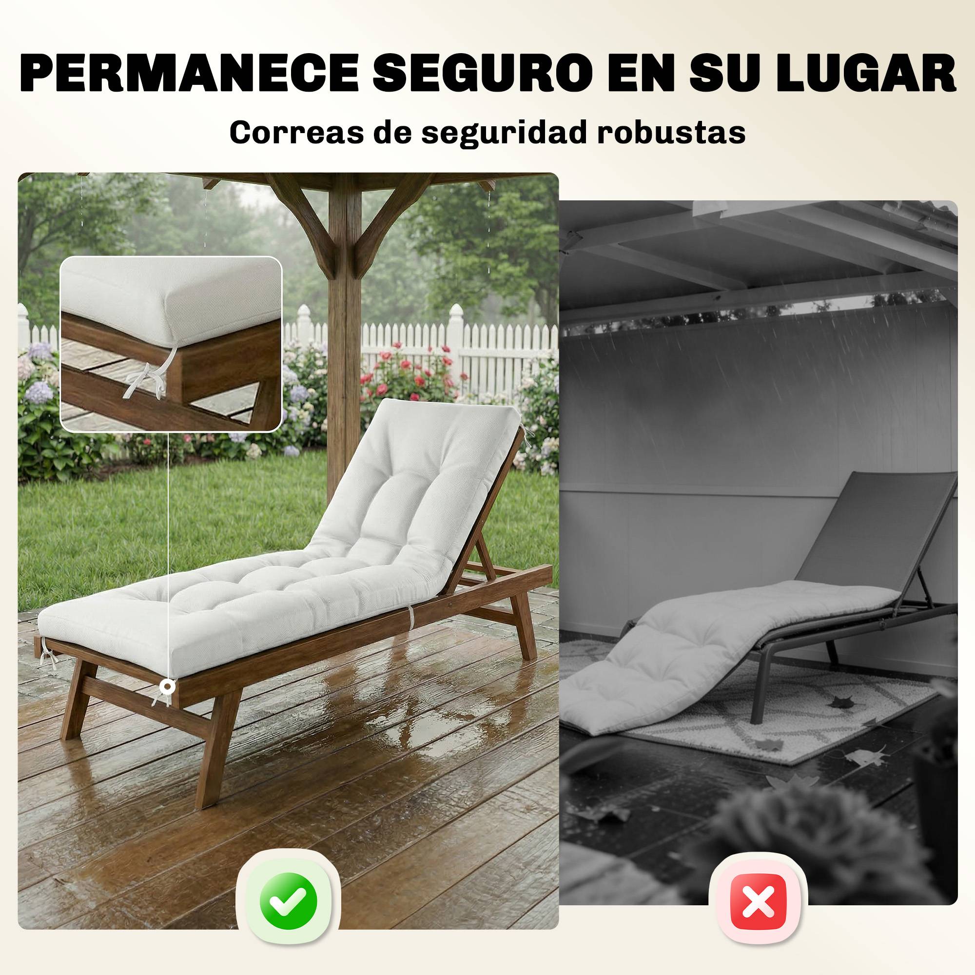 Coussin de banc d'extérieur avec sangles de fixation, protection UV50+, rebond lent, intérieur/extérieur, 198 x 65 x 13 cm, couleur crème - Image 9
