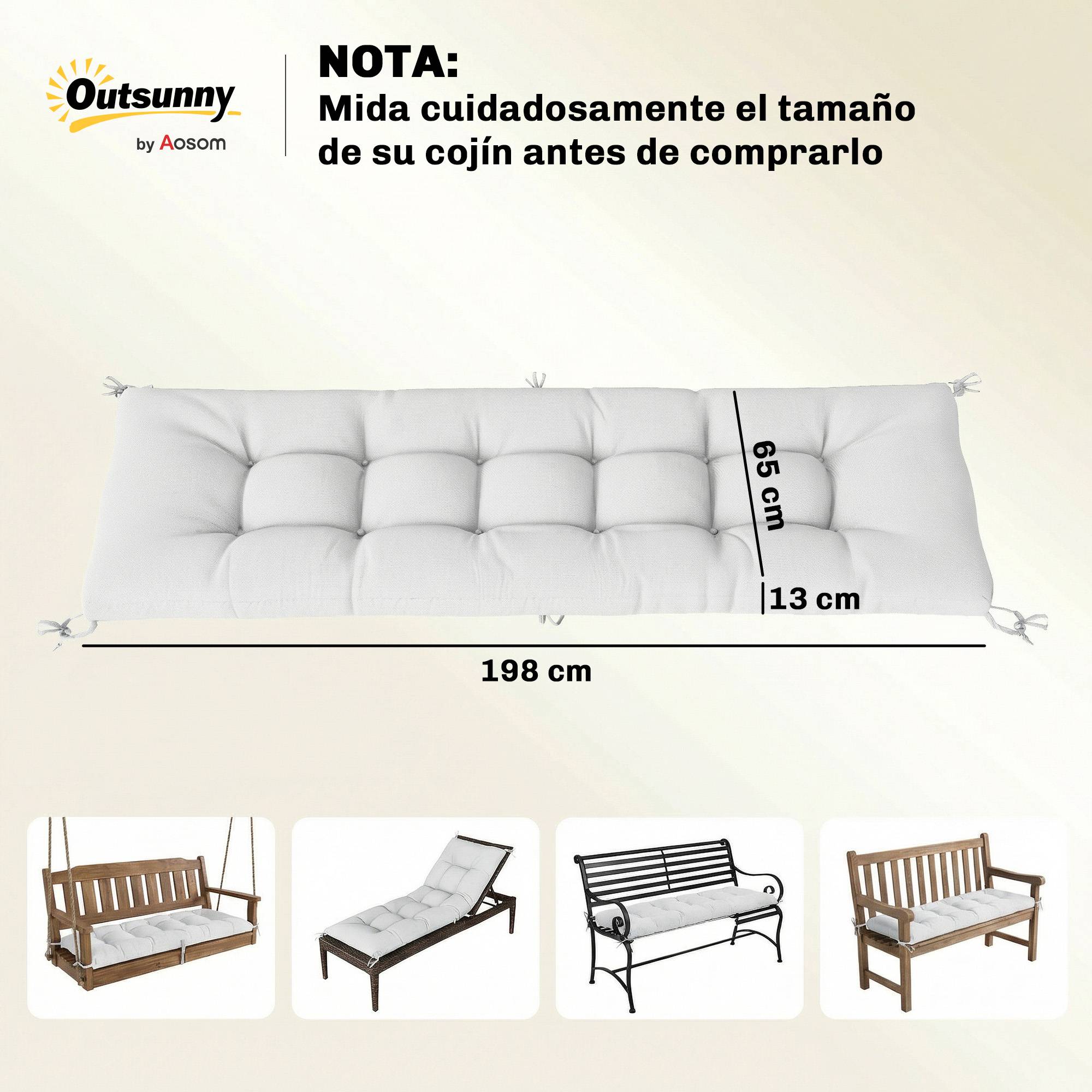 Coussin de banc d'extérieur avec sangles de fixation, protection UV50+, rebond lent, intérieur/extérieur, 198 x 65 x 13 cm, couleur crème - Image 5
