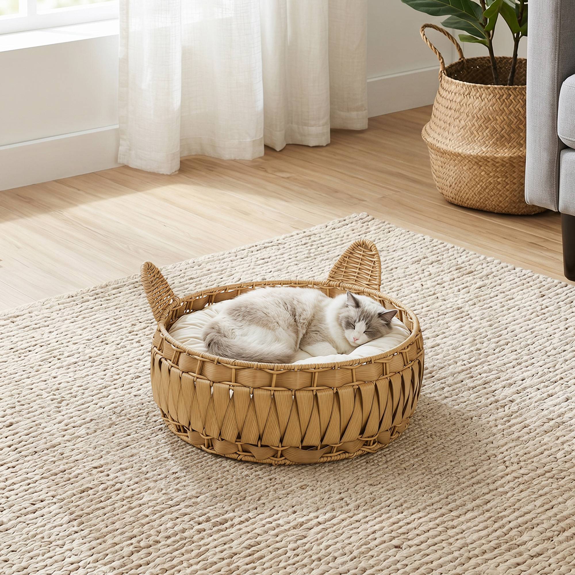 Lit chat rotin niche coussin amovible panier chats jusqu'à 10 kg 50x50x25 cm brun clair - Image 10