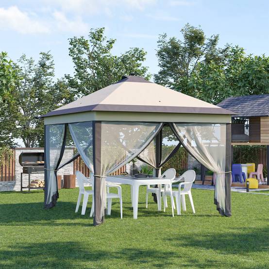 Tonnelle pliante avec éclairage LED 3,3 x 3,3 m, tonnelle de jardin avec télécommande, 4 moustiquaires, hauteur réglable, beige - Image 3