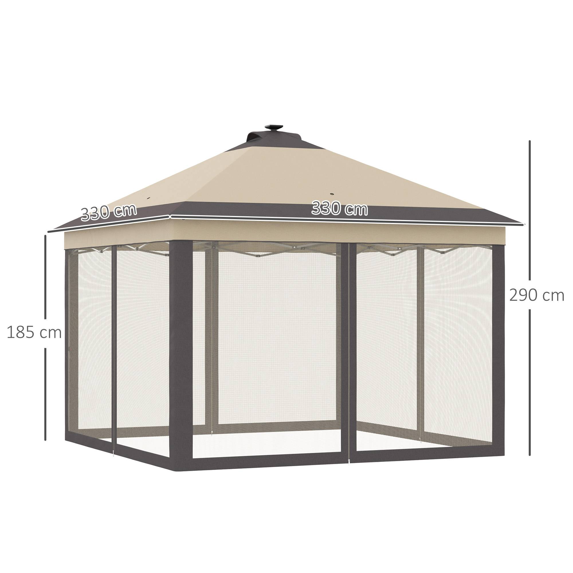 Tonnelle pliante avec éclairage LED 3,3 x 3,3 m, tonnelle de jardin avec télécommande, 4 moustiquaires, hauteur réglable, beige - Image 5