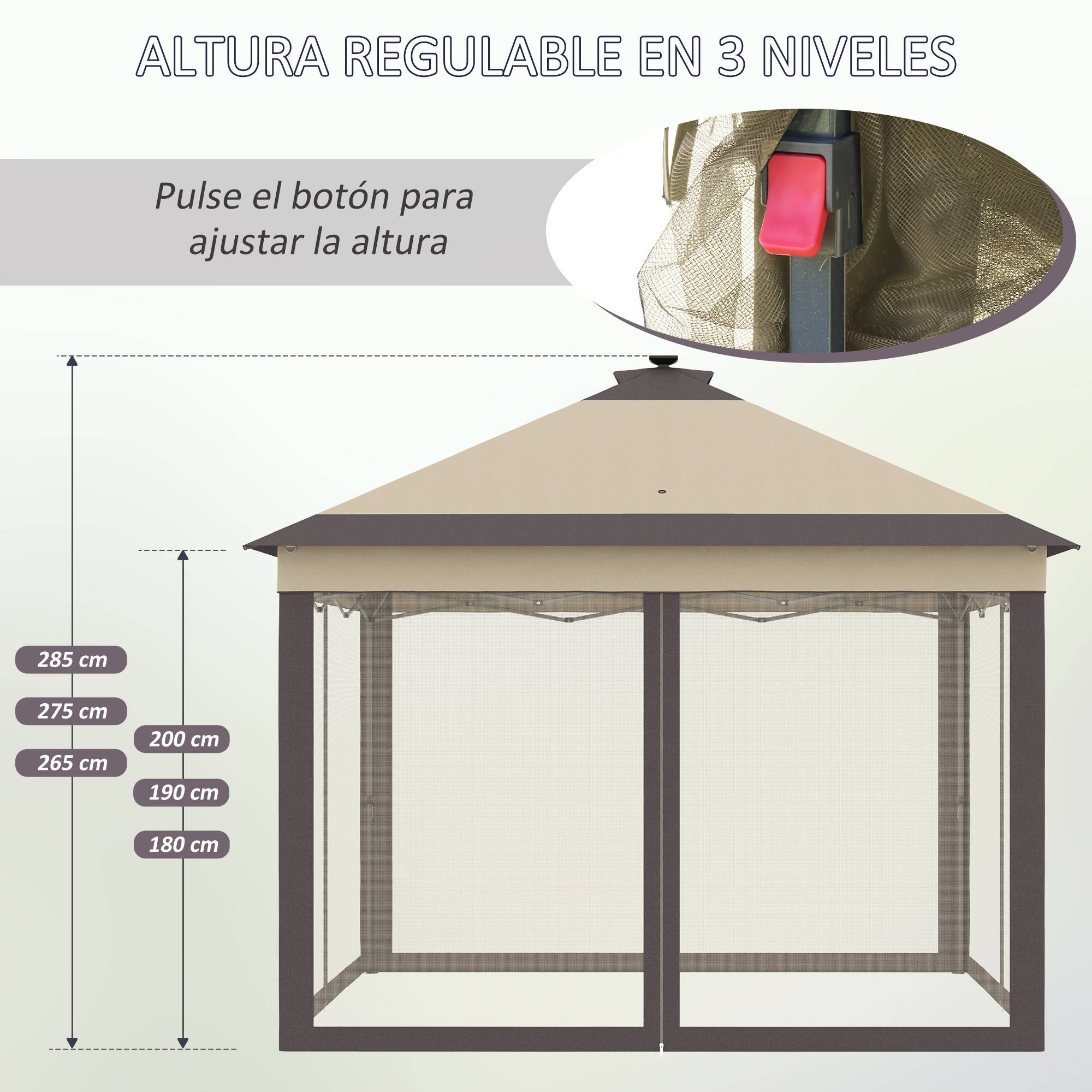 Tonnelle pliante avec éclairage LED 3,3 x 3,3 m, tonnelle de jardin avec télécommande, 4 moustiquaires, hauteur réglable, beige - Image 8
